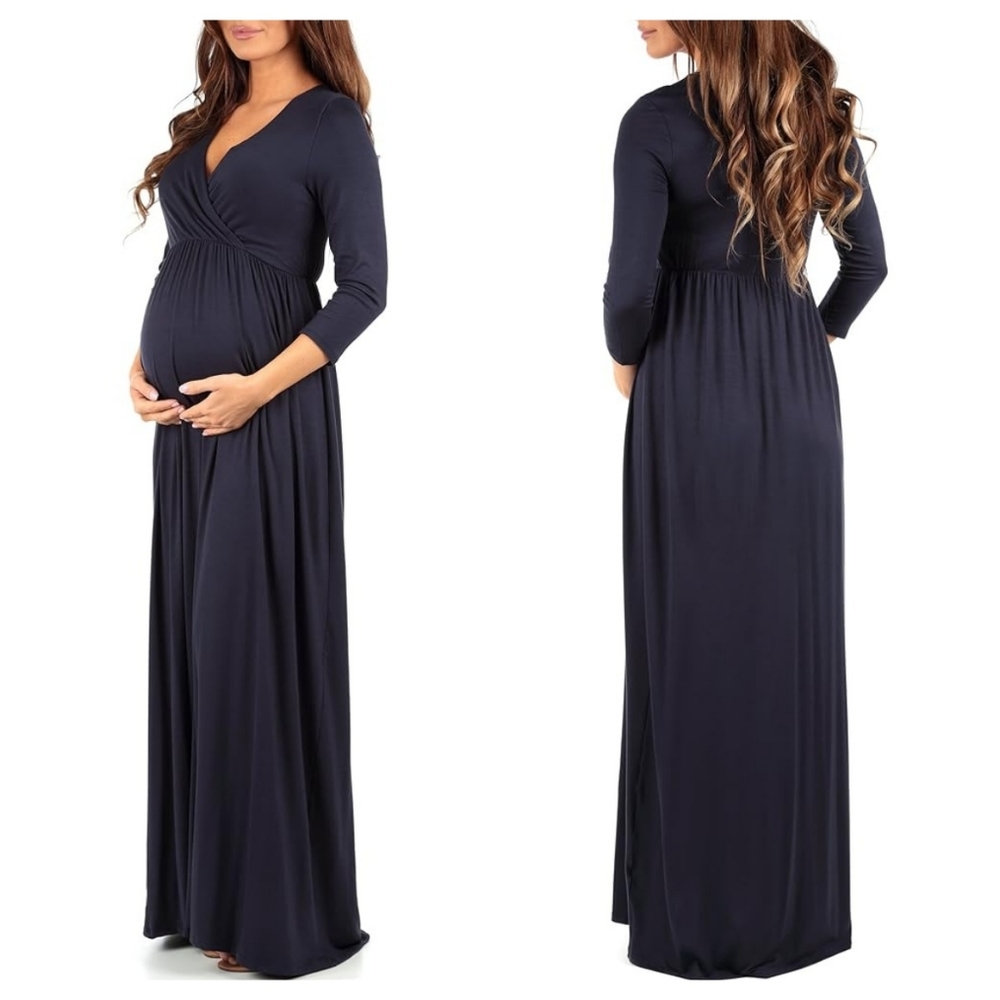 Nwot Mother Bee Navy Maternity V-Neck 3/4 Sleeve Maxi Dress
